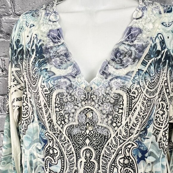 One World Womens V-Neck Lace Trim Tunic Top PXL Blue & Cream Paisley - Picture 10 of 10